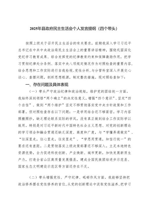 2025年县政府民主生活会个人发言提纲（四个带头）（共六篇）.docx
