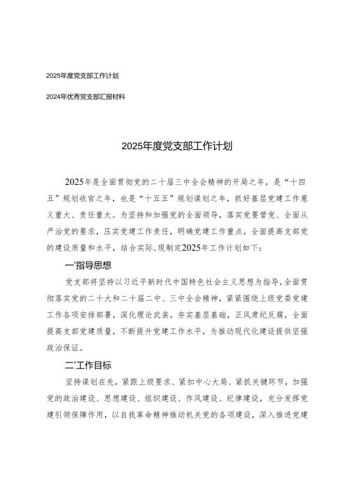 2025年度党支部工作计划+2024年优秀党支部汇报材料.docx