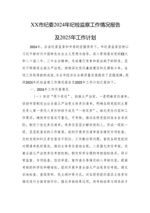 XX市纪委2024年纪检监察工作情况报告及2025年工作计划.docx