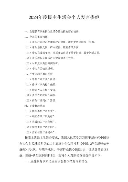 （2024年）度民主生活会个人发言提纲.docx