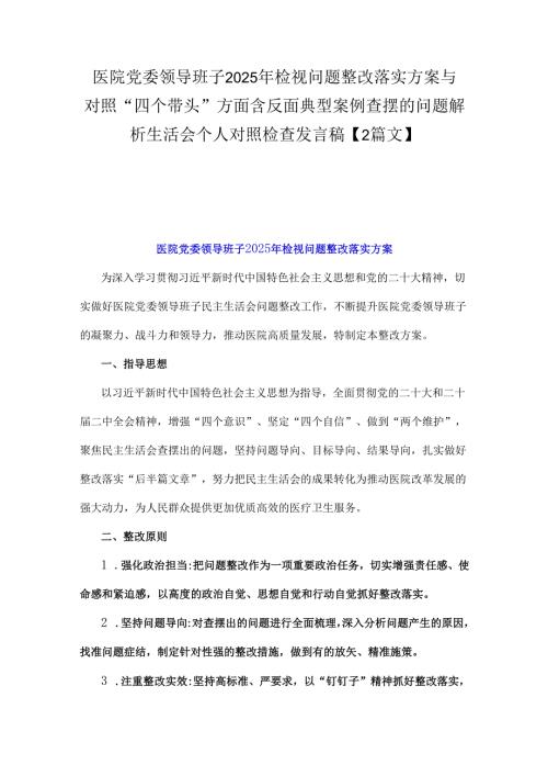 医院党委领导班子2025年检视问题整改落实方案与对照“四个带头”方面含反面典型案例查摆的问题解析生活会个人对照检查发言稿【2篇文】.docx