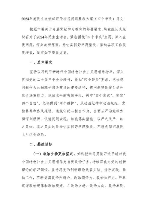 2024年度民主生活会班子检视问题整改方案（四个带头）范文.docx