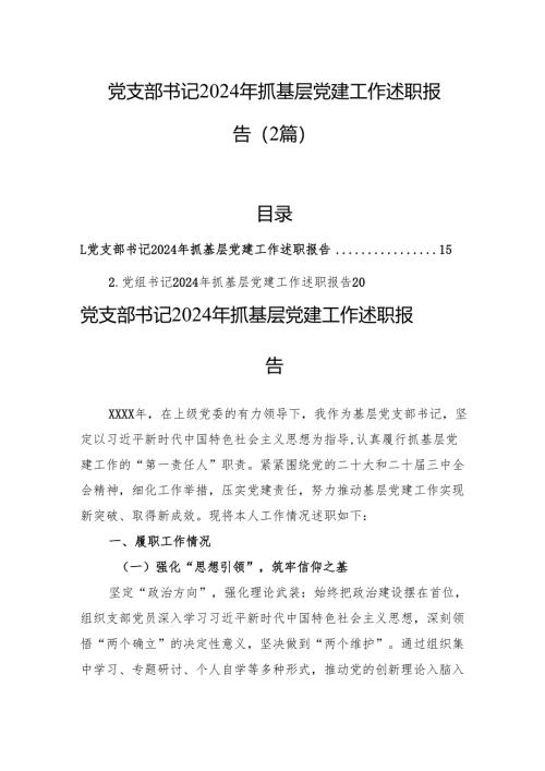 党支部书记2024年抓基层党建工作述职报告（2篇）.docx