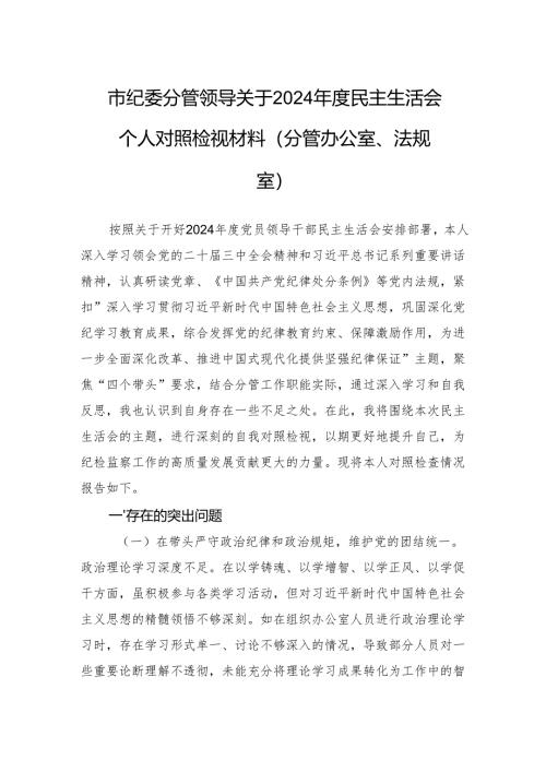 市纪委分管领导关于2024年度民主生活会个人对照检视材料（分管办公室、法规室）.docx