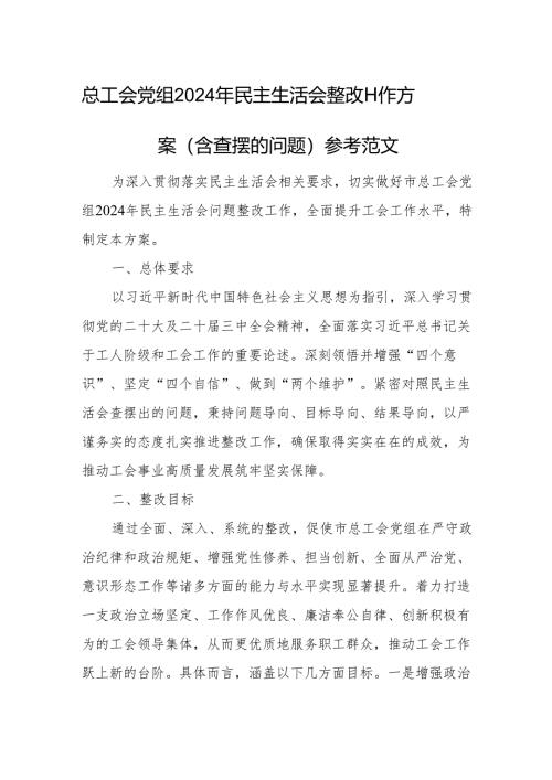 总工会党组2024年民主生活会整改工作方案（含查摆的问题）参考范文.docx