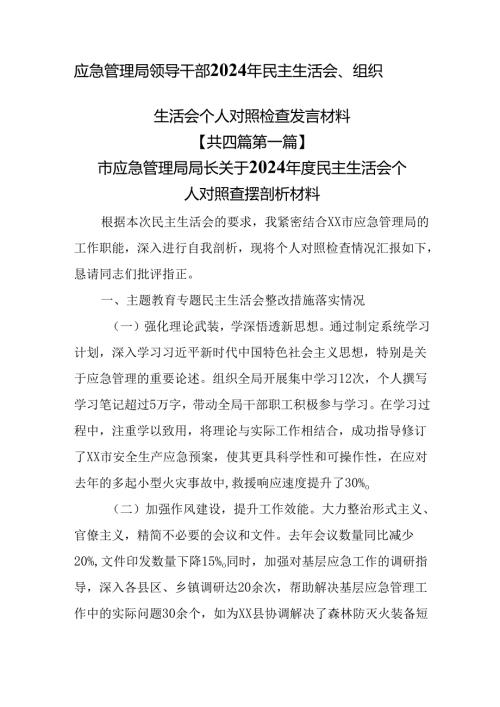 （4篇）应急管理局领导干部2024年民主生活会、组织生活会个人对照检查发言材料.docx