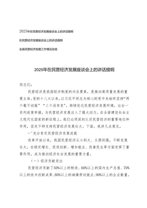 2025年在民营经济发展座谈会上的讲话提纲+全县民营经济发展工作情况总结.docx