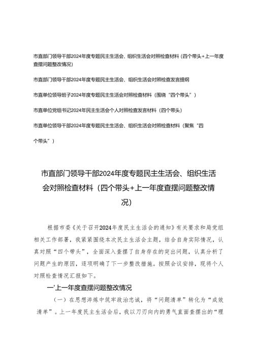 (带头增强党性、严守纪律、砥砺作风方面)市直部门领导干部2024-2025年度专题民主生活会、组织生活会对照检查材料（四个带头+上一年度查摆问题整改情况）.docx