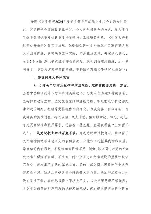 最新2024年度民主生活班子检查材料四个带头可编辑文档.docx