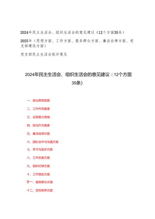 2025年党支部（思想方面、工作方面、服务群众方面、廉洁自律方面、党支部建设方面）民主生活会批评意见.docx