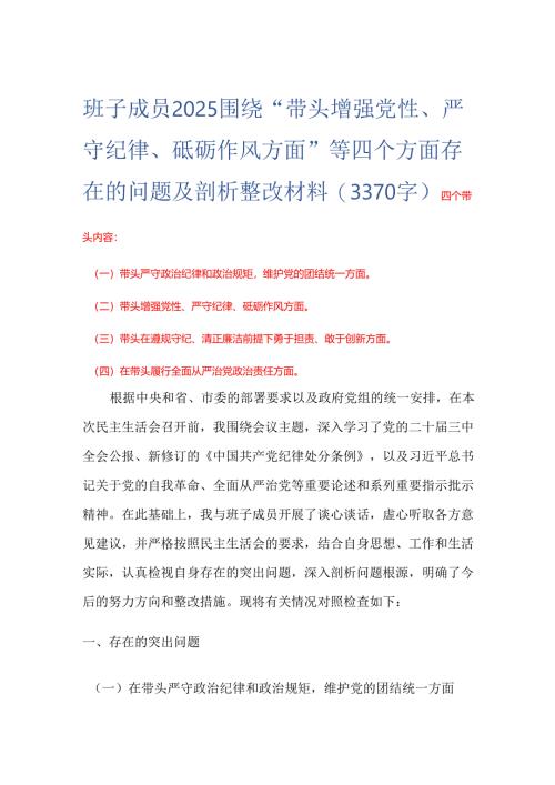 班子成员2025 围绕“带头增强党性、 严守纪律、砥砺作风方面” 等四个方面存在的问题及剖析整改材料(3370字).docx