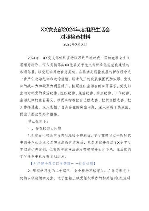 组织生活：2024年度“四个带头”组织生活会：02党支部对照检查材料.docx