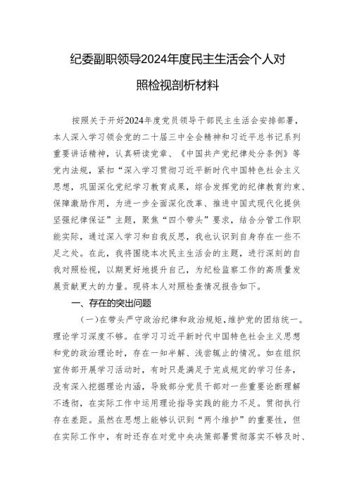 纪委副职领导2024年度民主生活会个人对照检视剖析材料.docx