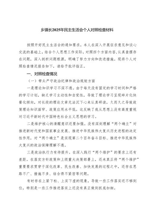 （9篇）乡镇长2025年民主生活会个人对照检查材料完整资料.docx