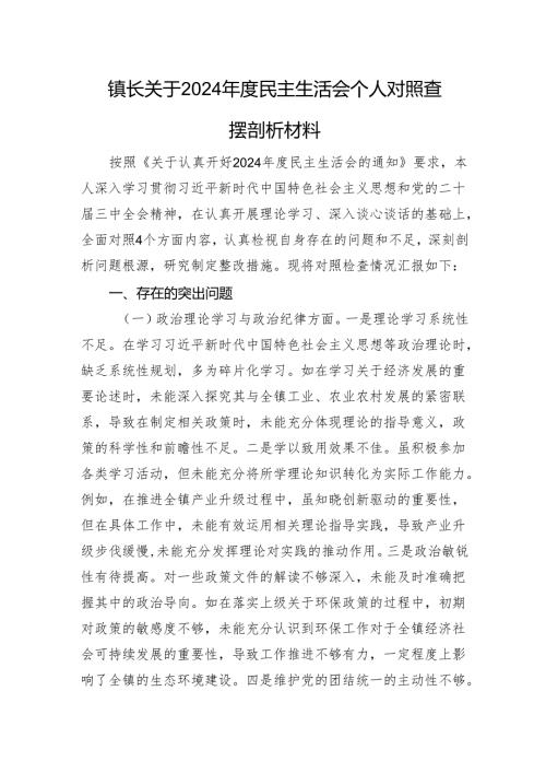 镇长关于2024年度民主生活会个人对照查摆剖析材料 四个带头 案例剖析.docx