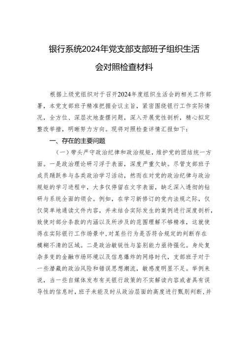 银行系统2024年度党支部支部班子组织生活会对照检查发言材料.docx