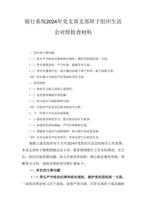 银行系统(2024年)党支部支部班子组织生活会对照检查材料.docx