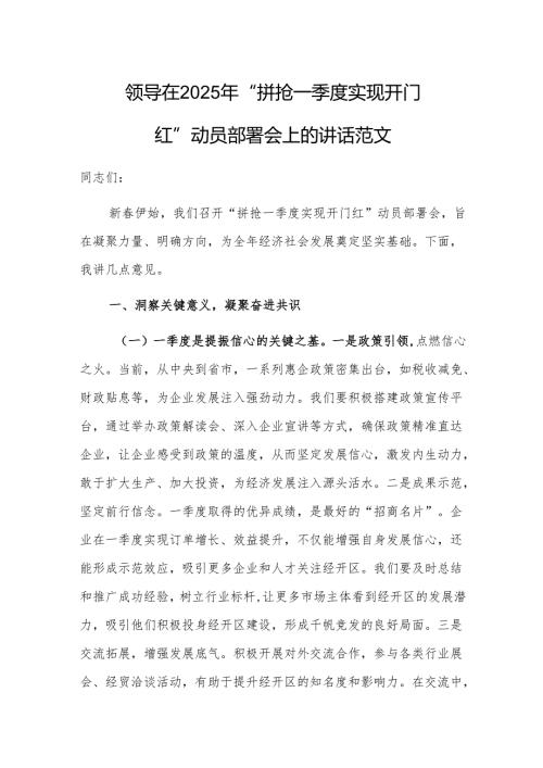 领导在2025年 “拼抢一季度 实现开门红”动员部署会上的讲话范文.docx