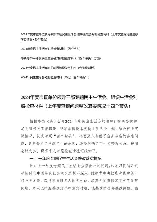 （个人、班子）2025年市直单位领导干部专题民主生活会组织生活会对照检查材料（上年度查摆问题整改落实情况+四个带头）.docx