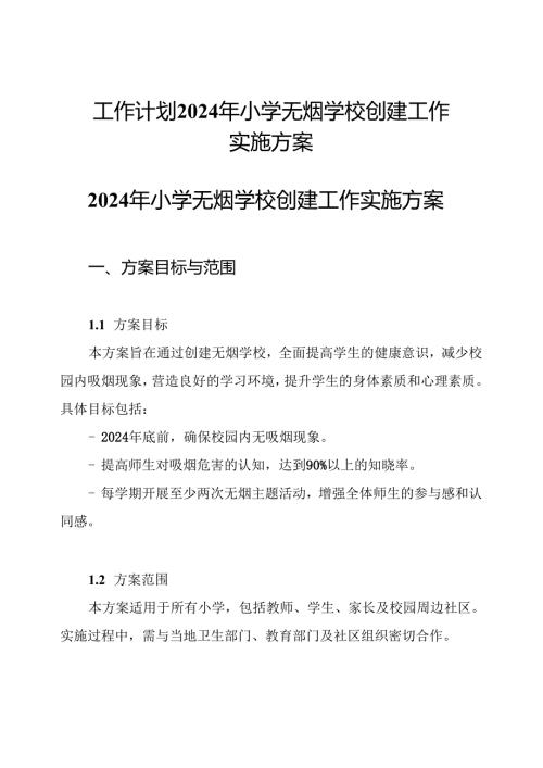 工作计划 2024年小学无烟学校创建工作实施方案.docx