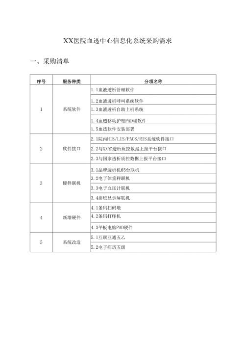 XX医院血透中心信息化系统采购需求.docx