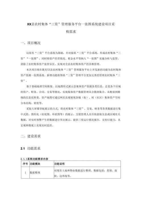 XX县农村集体“三资”管理服务平台一张图系统建设项目采购需求.docx