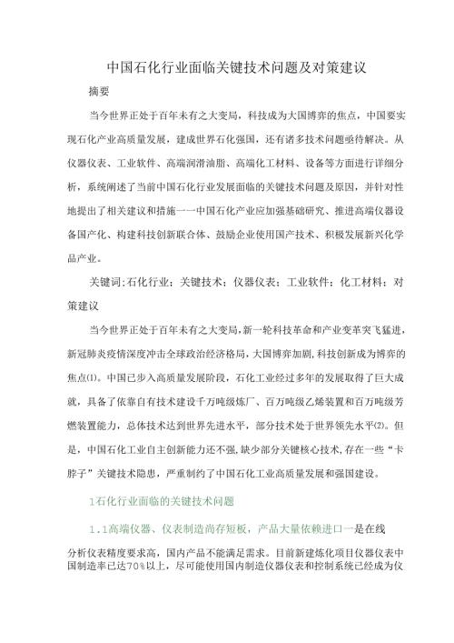 中国石化行业面临关键技术问题及对策建议.docx