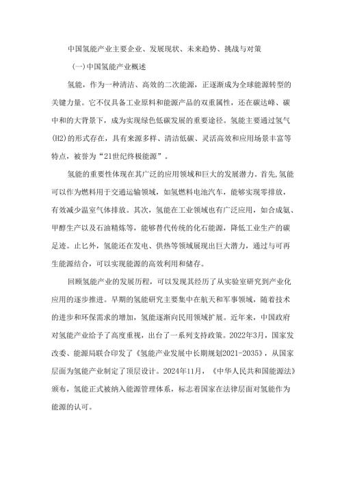中国氢能产业主要企业、发展现状、未来趋势、挑战与对策.docx