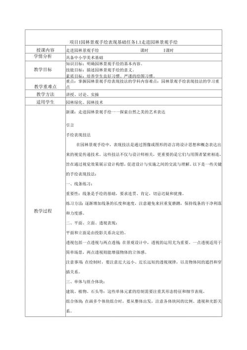 《园林景观手绘技法表现》教案——项目1 园林景观手绘表现基础.docx