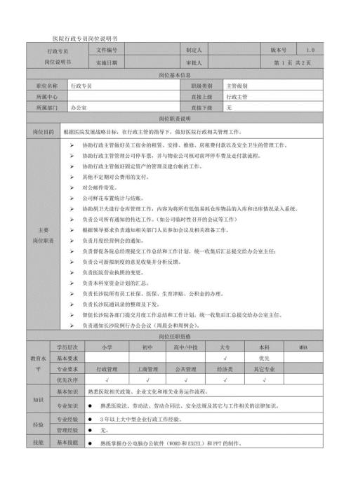 医疗机构医院行政专员岗位说明书.docx