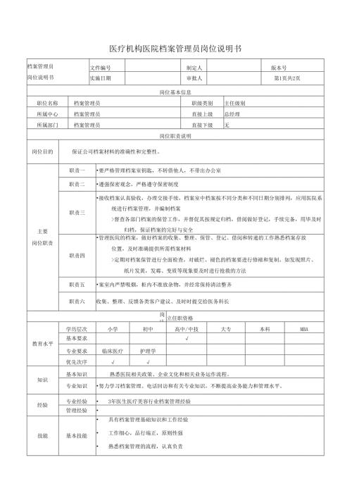 医疗机构医院档案管理员岗位说明书.docx