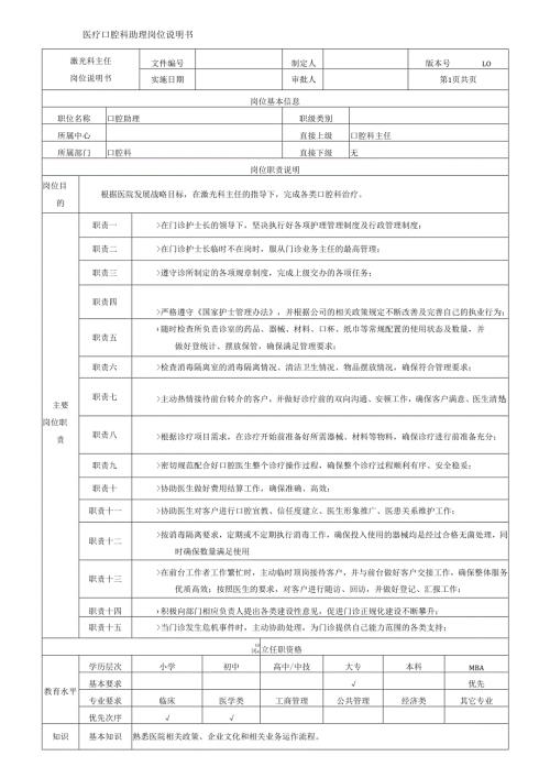 医疗口腔美容助理岗位说明书.docx