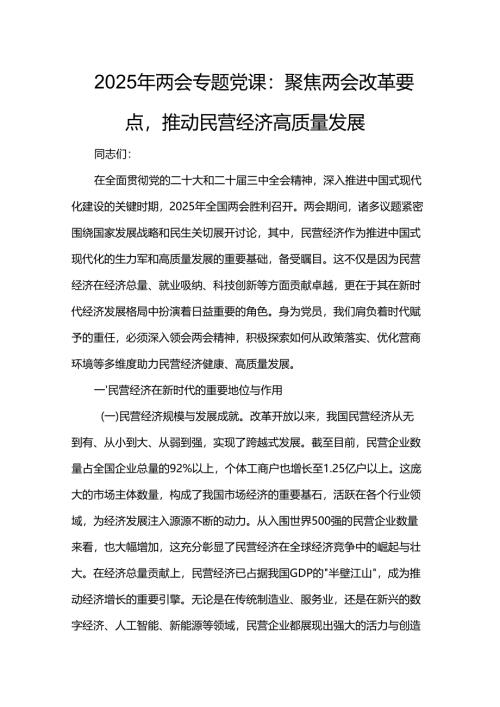 2025年两会专题党课：聚焦两会改革要点推动民营经济高质量发展.docx