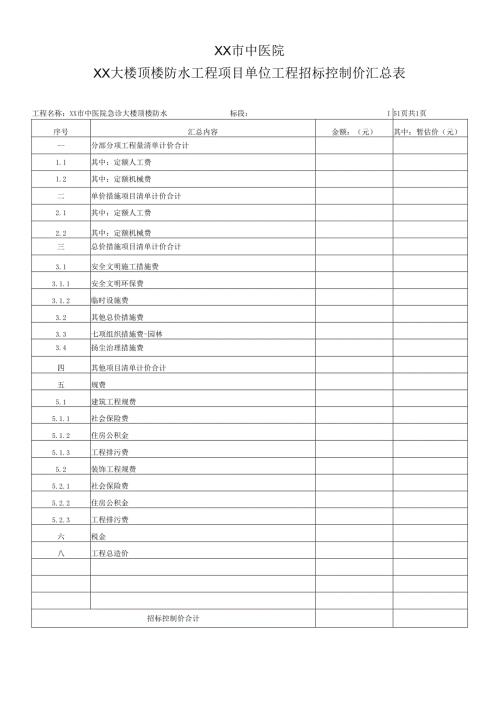 XX市中医院XX大楼顶楼防水工程项目单位工程招标控制价汇总表（2025年）.docx