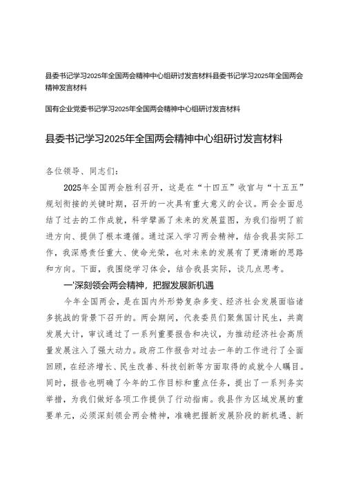 2025年3月 国有企业党委书记、县委书记学习2025年全国两会精神中心组研讨发言材料.docx