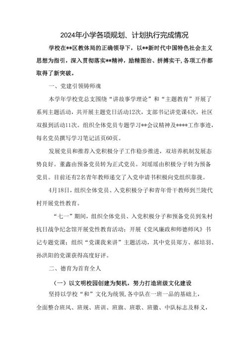2024年小学各项规划、计划执行完成情况.docx