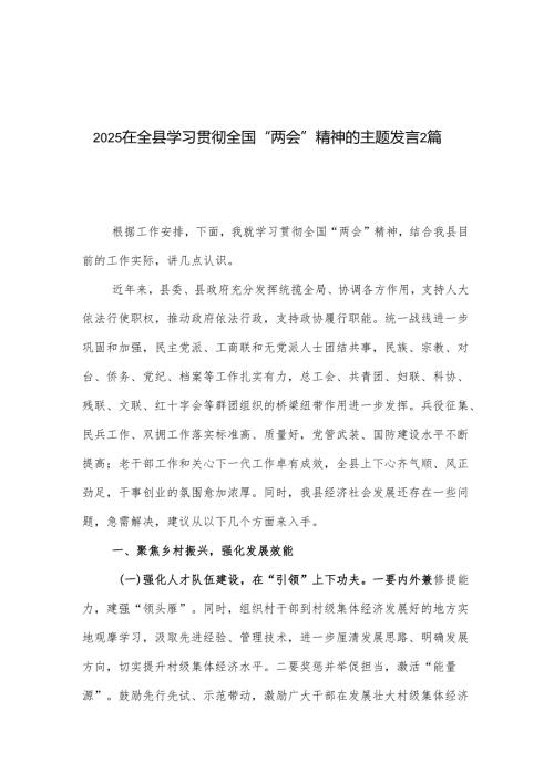 2025在全县学习贯彻全国“两会”精神的主题发言2篇.docx
