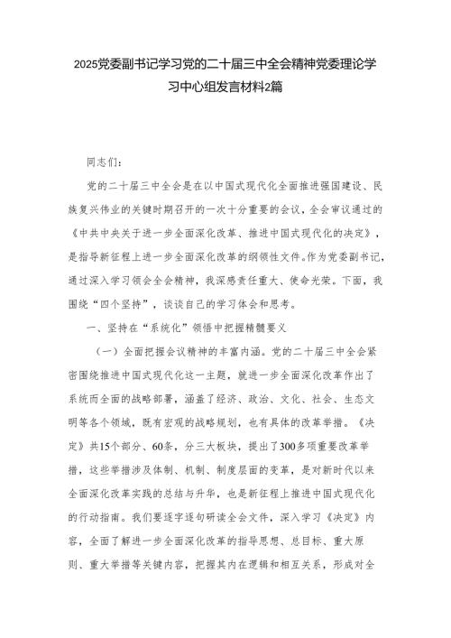 2025党委副书记学习党的二十届三中全会精神党委理论学习中心组发言材料2篇.docx