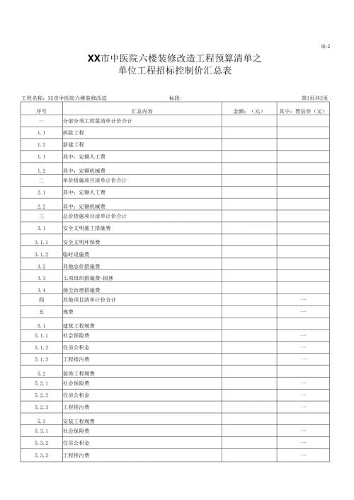 XX市中医院六楼装修改造工程预算清单之单位工程招标控制价汇总表（2025年）.docx