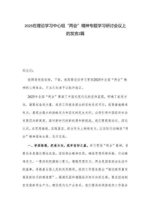 2025在理论学习中心组“两会”精神专题学习研讨会议上的发言2篇.docx