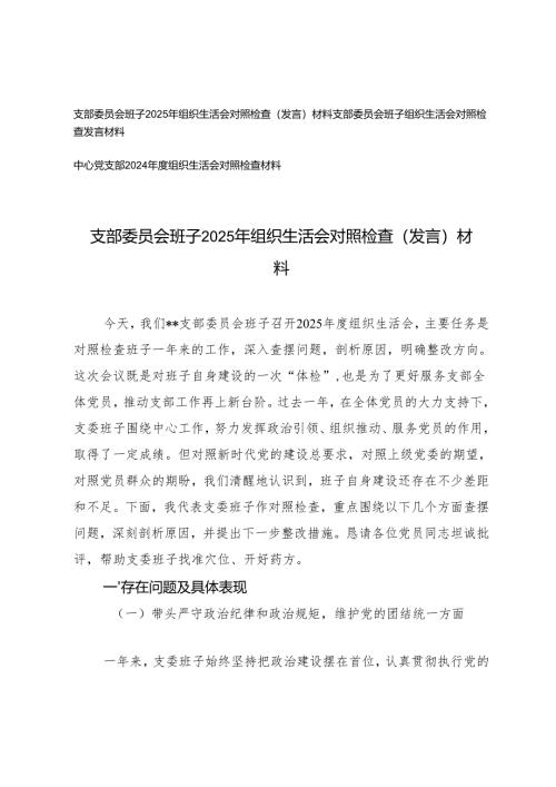 中心党支部、支部委员会班子2025年组织生活会对照检查（发言）材料（四个带头）.docx