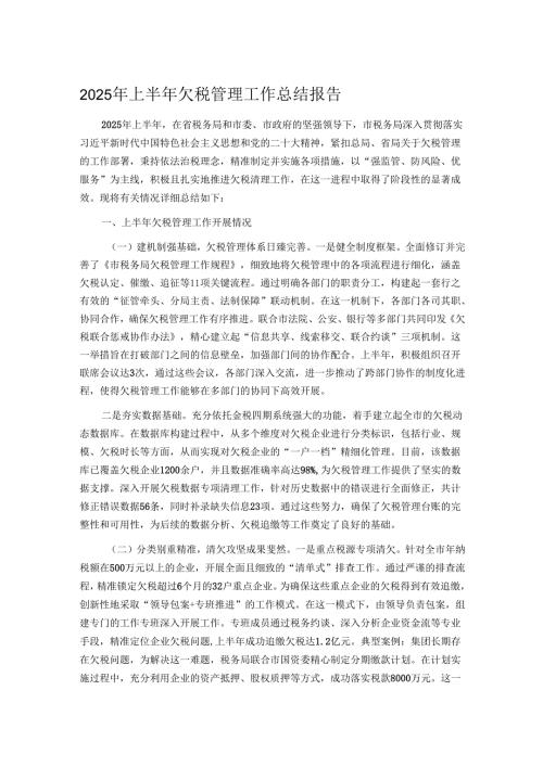 2025年上半年欠税管理工作总结报告.docx