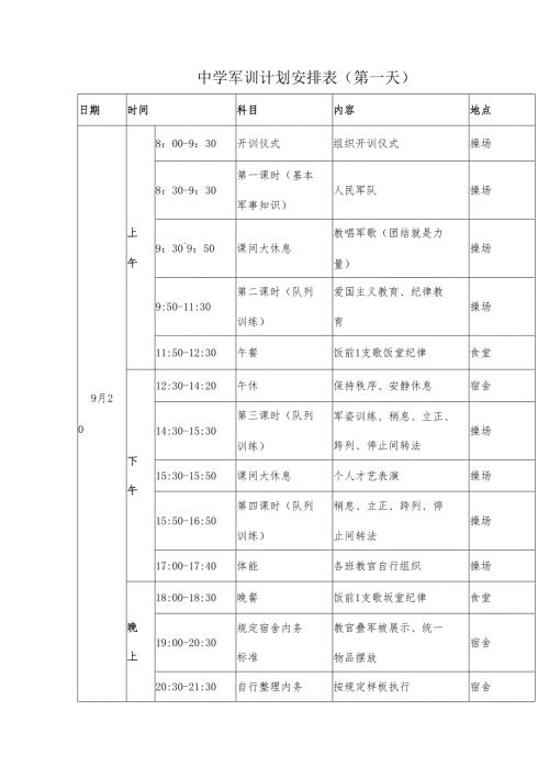 中学军训计划安排表(第一天).docx
