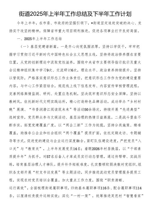 街道2025年上半年工作总结及下半年工作计划.docx