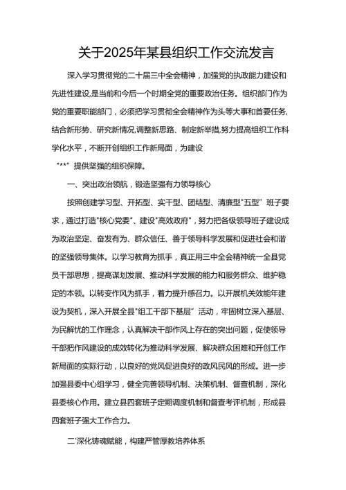 关于2025年某县组织工作交流发言.docx