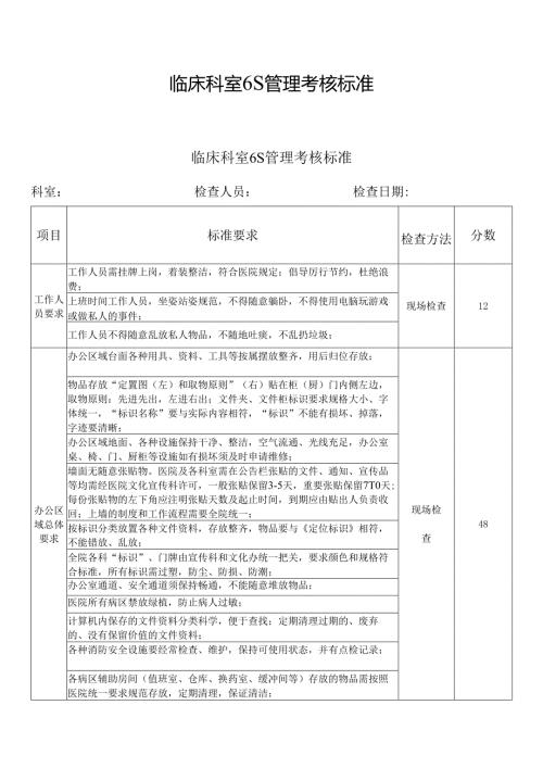 临床科室6S管理考核标准.docx