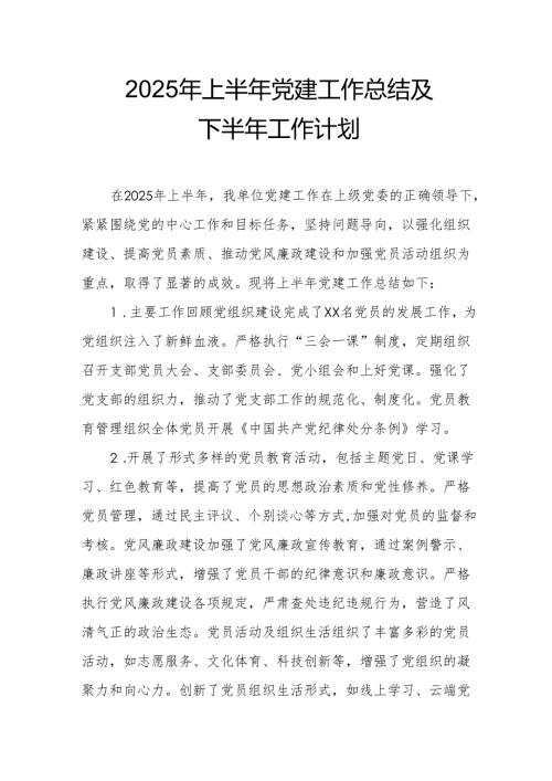 2025年上半年党建工作总结及下一步工作打算.docx
