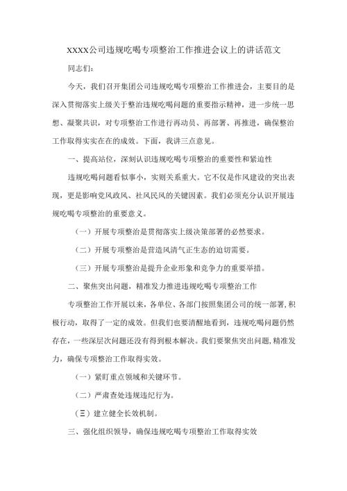 XXXX公司违规吃喝专项整治工作推进会议上的讲话范文.docx