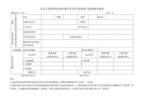 东北大学聘请国内或外籍专家学术交流预算决算核销审批表.docx