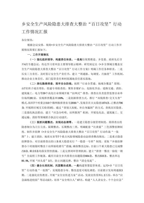 乡安全生产风险隐患大排查大整治“百日攻坚”行动工作情况汇报.docx